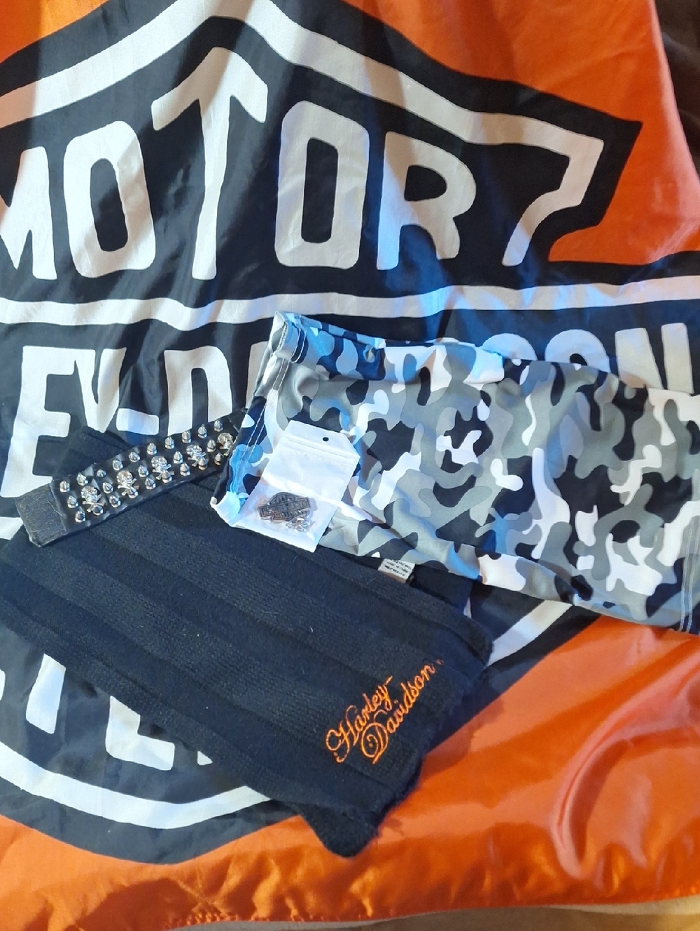 Harley-Davidson Black Scarf, w/New Keychain, New Neck Gaiter and Biker Bracelet